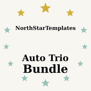 Könnte beinhalten: Cremefarbene Grafik mit dem Text "NorthStarTemplates" über "Auto Trio Bundle" in fetter Schrift. Das Design umfasst goldene und türkisfarbene Sterne, die um den Text angeordnet sind.