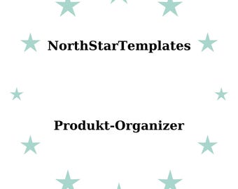 May include: White background with a circle of light teal stars. The text "NorthStarTemplates" is centered above "Produkt-Organizer" in a bold, black font. The overall design is simple and clean.