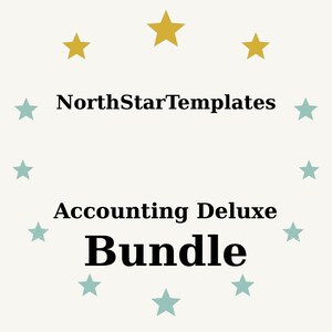 Könnte beinhalten: Cremefarbene Grafik mit dem Text "NorthStarTemplates" über "Accounting Deluxe Bundle". Der Text ist schwarz, umgeben von türkisfarbenen und goldenen Sternen.