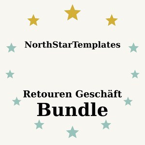 Op de afbeelding: Een crèmekleurige afbeelding met de tekst "NorthStarTemplates", "Retouren Geschäft" en "Bundle" in het zwart. De tekst is omgeven door teal en gouden sterren.