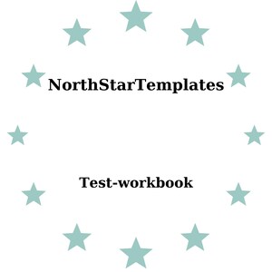 Könnte beinhalten: Weißer Hintergrund mit einem Kranz aus helltürkisen Sternen, die den Text "NorthStarTemplates" über "Test-workbook" in schwarzer Schrift umgeben.