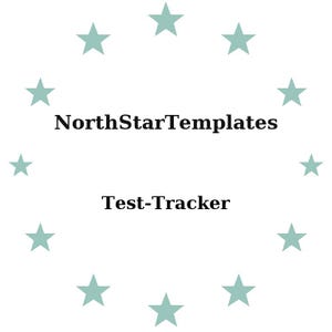 Puede incluir: Fondo blanco con un círculo de estrellas verde azulado claro. El texto "NorthStarTemplates" está centrado sobre "Test-Tracker" en negrita, en negro.