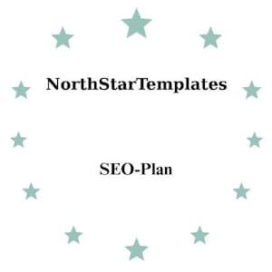 Könnte beinhalten: Weißer Hintergrund mit einem Kranz aus helltürkisen Sternen, die den Text umgeben. Der Text lautet "NorthStarTemplates" über "SEO-Plan" in einer einfachen serifenlosen Schrift. Das Design ist sauber und minimalistisch.