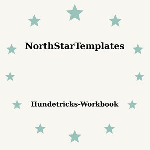 May include: A light beige background with teal stars arranged in a circle. The text "NorthStarTemplates" is centered above "Hundetricks-Workbook" in a bold, black font.