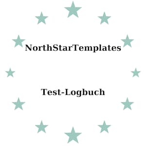 May include: White background with the text "NorthStarTemplates" above "Test-Logbuch". Light teal stars encircle the text. The design is simple and clean, with a focus on the text.