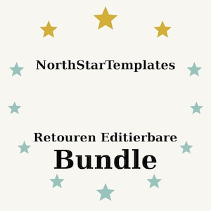 Op de afbeelding: Een crèmekleurige afbeelding met de tekst "NorthStarTemplates" boven "Retouren Editierbare Bundle". De tekst is omgeven door gouden en blauwgroene sterren.