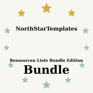 Puede incluir: Gráfico color crema con el texto "NorthStarTemplates" y "Ressourcen Liste Bundle Edition" con la palabra "Bundle" en negrita. El diseño incluye estrellas doradas y turquesas dispuestas alrededor del texto.