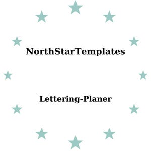 Puede incluir: Fondo blanco con un círculo de estrellas verde azulado claro. El texto "NorthStarTemplates" está centrado encima de "Lettering-Planer" en negrita, en negro. El diseño es simple y limpio.