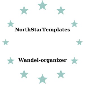 Puede incluir: Fondo blanco con un círculo de estrellas verde azulado claro. El texto "NorthStarTemplates" está centrado encima de "Wandel-organizer" en negro, fuente sans-serif.