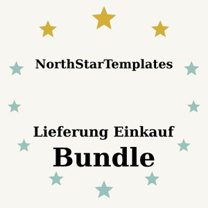Può includere: Grafica color crema con testo "NorthStarTemplates" e "Lieferung Einkauf Bundle". Il testo è circondato da stelle turchesi e dorate. La parola "Bundle" è in grassetto nero.
