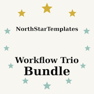 Puede incluir: Gráfico color crema con el texto "NorthStarTemplates" encima de "Workflow Trio Bundle". El diseño incluye estrellas doradas y turquesas dispuestas alrededor del texto.
