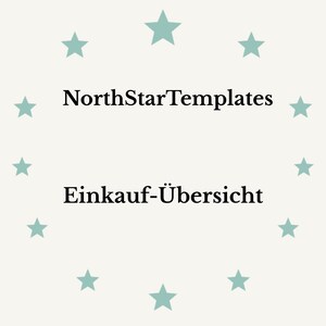 Könnte beinhalten: Cremefarbene Grafik mit dem Text "NorthStarTemplates" über "Einkauf-Übersicht" in Schwarz. Helltürkise Sterne umkreisen den Text. Das Design ist schlicht und sauber, geeignet für digitale Vorlagen.