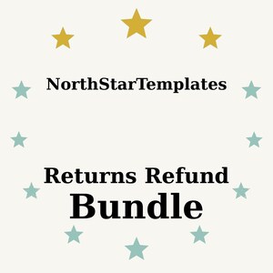 Op de afbeelding: Crèmekleurige afbeelding met de tekst "NorthStarTemplates" boven "Returns Refund Bundle". De tekst is zwart, omringd door gouden en blauwgroene sterren.