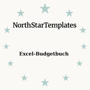 Puede incluir: Gráfico crema claro con el texto "NorthStarTemplates" sobre "Excel-Budgetbuch" en negro. Estrellas azul claro rodean el texto. El diseño es simple y limpio.