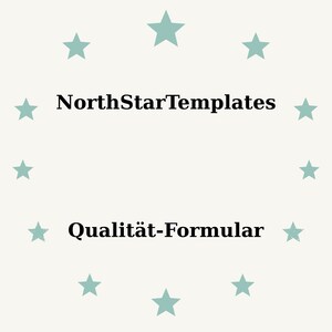 Puede incluir: Fondo beige claro con estrellas turquesas dispuestas en círculo. El texto "NorthStarTemplates" está encima de "Qualität-Formular" en negro, fuente sans-serif. El diseño es minimalista y limpio.