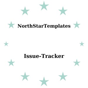 Op de afbeelding: Witte achtergrond met een cirkel van lichtblauwe sterren. De tekst "NorthStarTemplates" staat boven "Issue-Tracker" in een vetgedrukte, zwarte letter. Het ontwerp is eenvoudig en strak, met focus op de tekst.