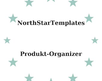 May include: White background with a circle of light teal stars. The text "NorthStarTemplates" is above the text "Produkt-Organizer" in black, sans-serif font.