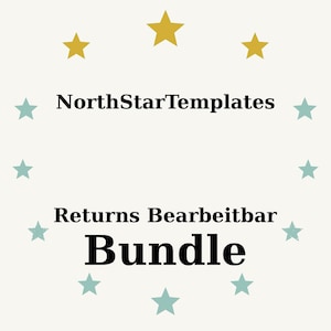 Op de afbeelding: Een crèmekleurige afbeelding met de tekst "NorthStarTemplates", "Returns Bearbeitbar" en "Bundle" in zwart. De tekst is omringd door turquoise en gouden sterren.