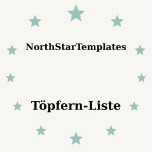Pode incluir: Fundo bege claro com estrelas turquesas dispostas em círculo. O texto "NorthStarTemplates" está acima de "Töpfern-Liste" em preto, fonte sem serifa. O design é simples e limpo.