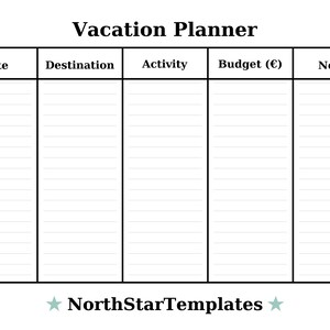 May include: A white vacation planner with black text and a grid layout. The planner includes sections for date, destination, activity, budget, and notes. The text "Vacation Planner" is at the top, and "NorthStarTemplates" is at the bottom.