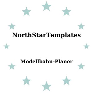May include: White background with the text "NorthStarTemplates" above "Modellbahn-Planer" in black. Light blue stars encircle the text.