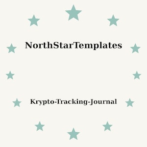 Puede incluir: Un fondo beige claro con estrellas turquesas dispuestas en círculo. El texto "NorthStarTemplates" está centrado sobre "Krypto-Tracking-Journal" en negrita, en negro. El diseño es simple y limpio.