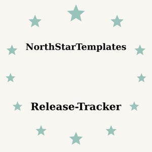 Könnte beinhalten: Ein hellbeiger Hintergrund mit türkisfarbenen Sternen, die in einem Kreis angeordnet sind. Der Text "NorthStarTemplates" ist zentriert über "Release-Tracker" in fetter, schwarzer Schrift.