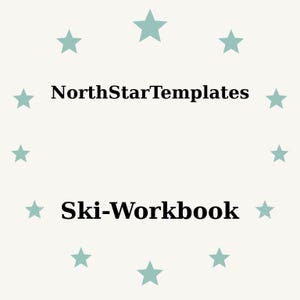 Puede incluir: Un fondo beige claro con estrellas turquesas que rodean el texto "NorthStarTemplates" encima de "Ski-Workbook" en negro. El diseño es simple y limpio.