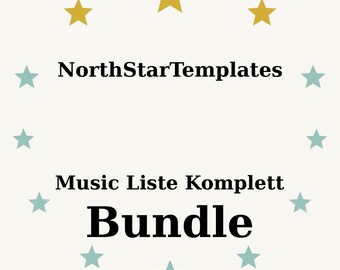 Peut inclure: Graphique crème avec le texte "NorthStarTemplates" au-dessus de "Music Liste Komplett Bundle". Le mot "Bundle" est en gras. Le design comprend des étoiles dorées et sarcelle disposées autour du texte.
