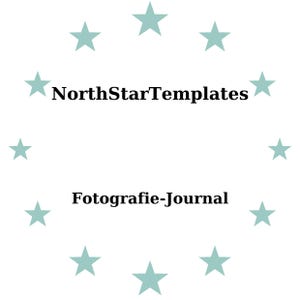 Könnte beinhalten: Weißer Hintergrund mit einem Kranz aus helltürkisen Sternen, der die schwarzen Texte "NorthStarTemplates" und "Fotografie-Journal" umgibt.