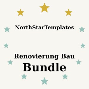 Puede incluir: Gráfico color crema con el texto "NorthStarTemplates" encima de "Renovierung Bau Bundle". El texto está rodeado de estrellas turquesas y doradas.