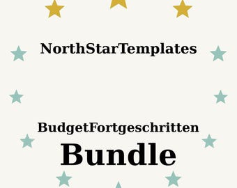 May include: Cream-colored graphic with text "NorthStarTemplates", "BudgetFortgeschritten", and "Bundle" in black. The design includes gold and teal stars arranged around the text.