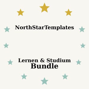 Könnte beinhalten: Cremefarbene Grafik mit dem Text "NorthStarTemplates" über "Lernen & Studium Bundle". Der Text ist schwarz, umgeben von goldenen und türkisfarbenen Sternen.