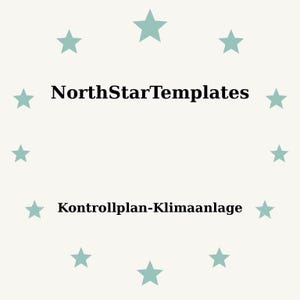 Puede incluir: Fondo beige claro con estrellas turquesas dispuestas en círculo. El texto "NorthStarTemplates" está en el centro, con "Kontrollplan-Klimaanlage" debajo.