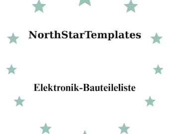 Peut inclure: Fond blanc avec une couronne d'étoiles vert d'eau entourant le texte "NorthStarTemplates" au-dessus de "Elektronik-Bauteileliste" en noir. Design épuré et simple.