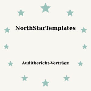 Può includere: Uno sfondo beige chiaro con un anello di stelle turchesi. Il testo "NorthStarTemplates" è centrato in alto, con "Auditbericht-Verträge" sotto. Il testo è in grassetto, nero.