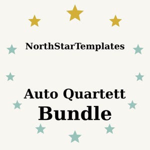Könnte beinhalten: Cremefarbene Grafik mit dem Text "NorthStarTemplates" über "Auto Quartett Bundle" in fetter Schrift. Das Design ist von türkisfarbenen und goldenen Sternen umgeben.