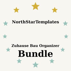 Op de afbeelding: Een crèmekleurige afbeelding met de tekst "NorthStarTemplates", "Zuhause Bau Organizer" en "Bundle" in het zwart. De tekst is omgeven door teal en gouden sterren.