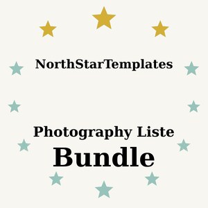 May include: A cream-colored graphic with the text "NorthStarTemplates" and "Photography Liste Bundle" in black. The text is surrounded by teal and gold stars.