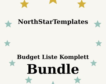 May include: Cream-colored graphic with the text "NorthStarTemplates" above "Budget Liste Komplett Bundle". The word "Bundle" is in bold font. The design includes gold and teal stars arranged around the text.