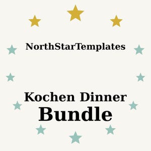Könnte beinhalten: Cremefarbene Grafik mit dem Text "NorthStarTemplates" über "Kochen Dinner Bundle". Das Design enthält goldene und türkisfarbene Sterne, die um den Text angeordnet sind.