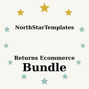 Op de afbeelding: Een crèmekleurige afbeelding met de tekst "NorthStarTemplates" boven "Returns Ecommerce Bundle". Het woord "Bundle" is vetgedrukt en groot. Gouden en blauwgroene sterren omringen de tekst.