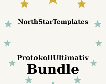 Puede incluir: Gráfico color crema con texto "NorthStarTemplates", "ProtokollUltimativ" y "Bundle". El texto está rodeado de estrellas turquesas y doradas.