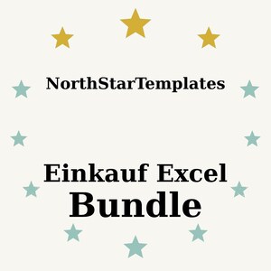 Könnte beinhalten: Cremefarbene Grafik mit dem Text "NorthStarTemplates" über "Einkauf Excel Bundle". Der Text ist schwarz, umgeben von goldenen und türkisfarbenen Sternen. Das Design ist schlicht und sauber.