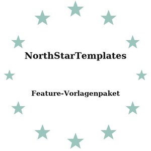 Könnte beinhalten: Weißer Hintergrund mit einem Kreis aus helltürkisen Sternen, der den Text "NorthStarTemplates" über "Feature-Vorlagenpaket" in Schwarz umgibt.
