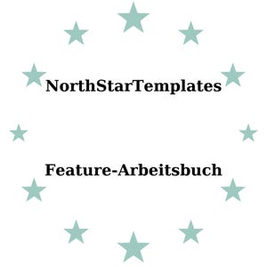 May include: White background with a ring of light teal stars surrounding the text "NorthStarTemplates" above "Feature-Arbeitsbuch" in black font.