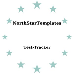 Könnte beinhalten: Weißer Hintergrund mit einem Kranz aus helltürkisen Sternen, der den Text "NorthStarTemplates" über "Test-Tracker" in schwarzer Schrift umgibt. Das Design ist schlicht.