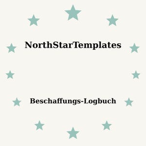 Könnte beinhalten: Hellbeiger Hintergrund mit türkisfarbenen Sternen, die in einem Kreis angeordnet sind. Der Text "NorthStarTemplates" ist oben zentriert, und "Beschaffungs-Logbuch" ist unten zentriert, beide in Schwarz.