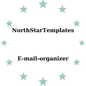Puede incluir: Fondo blanco con un anillo de estrellas verde azulado claro que rodea el texto negro "NorthStarTemplates" y "E-mail-organizer".