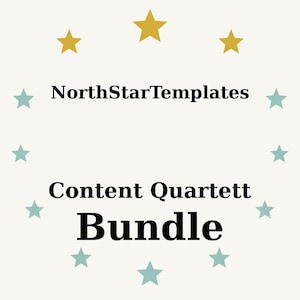 Może przedstawiać: Kremowa grafika z tekstem "NorthStarTemplates" nad "Content Quartett Bundle". Tekst jest czarny, otoczony złotymi i turkusowymi gwiazdami. Całość ma prosty i czysty design.